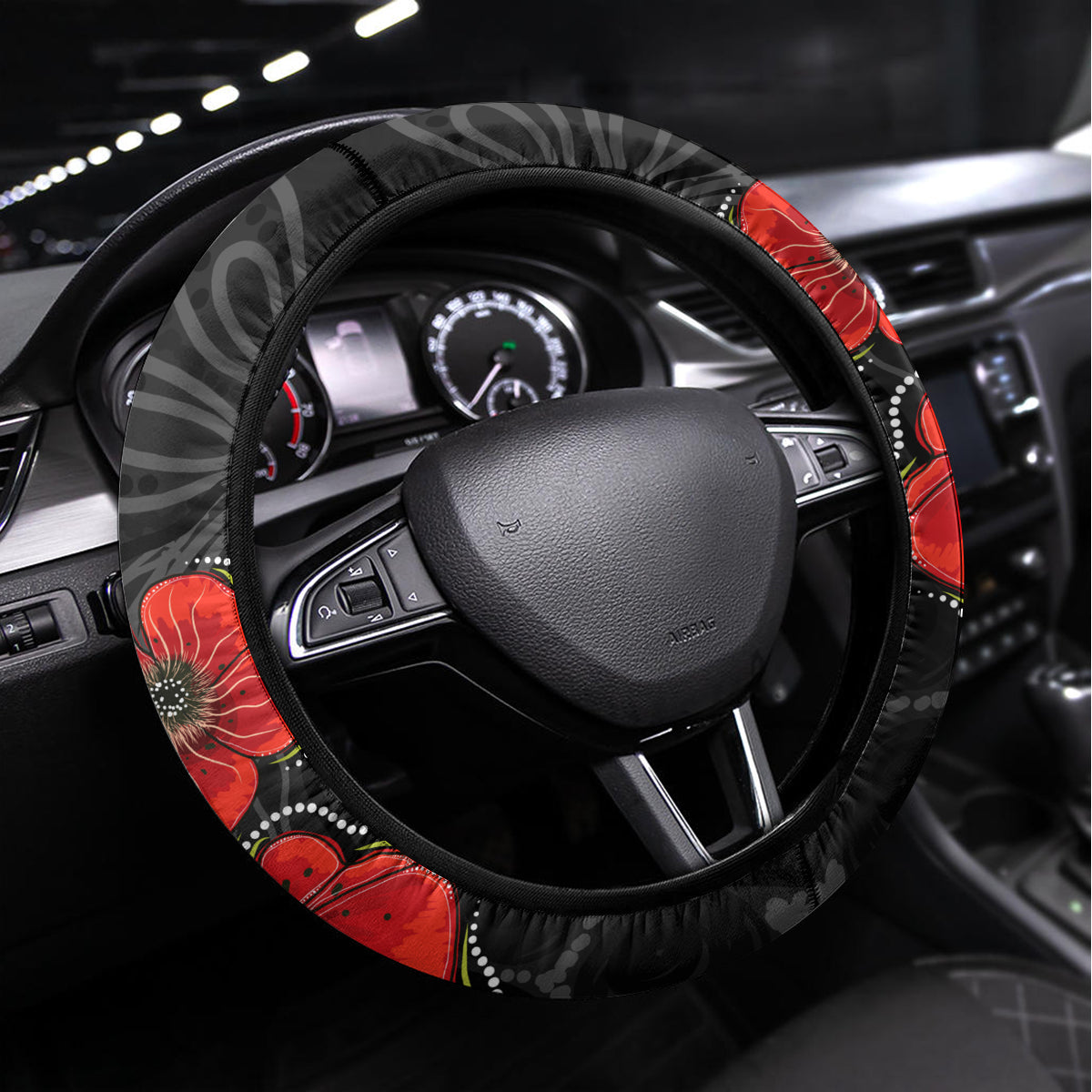 ANZAC Day Australia Poppy Flower Steering Wheel Cover Aboriginal Style