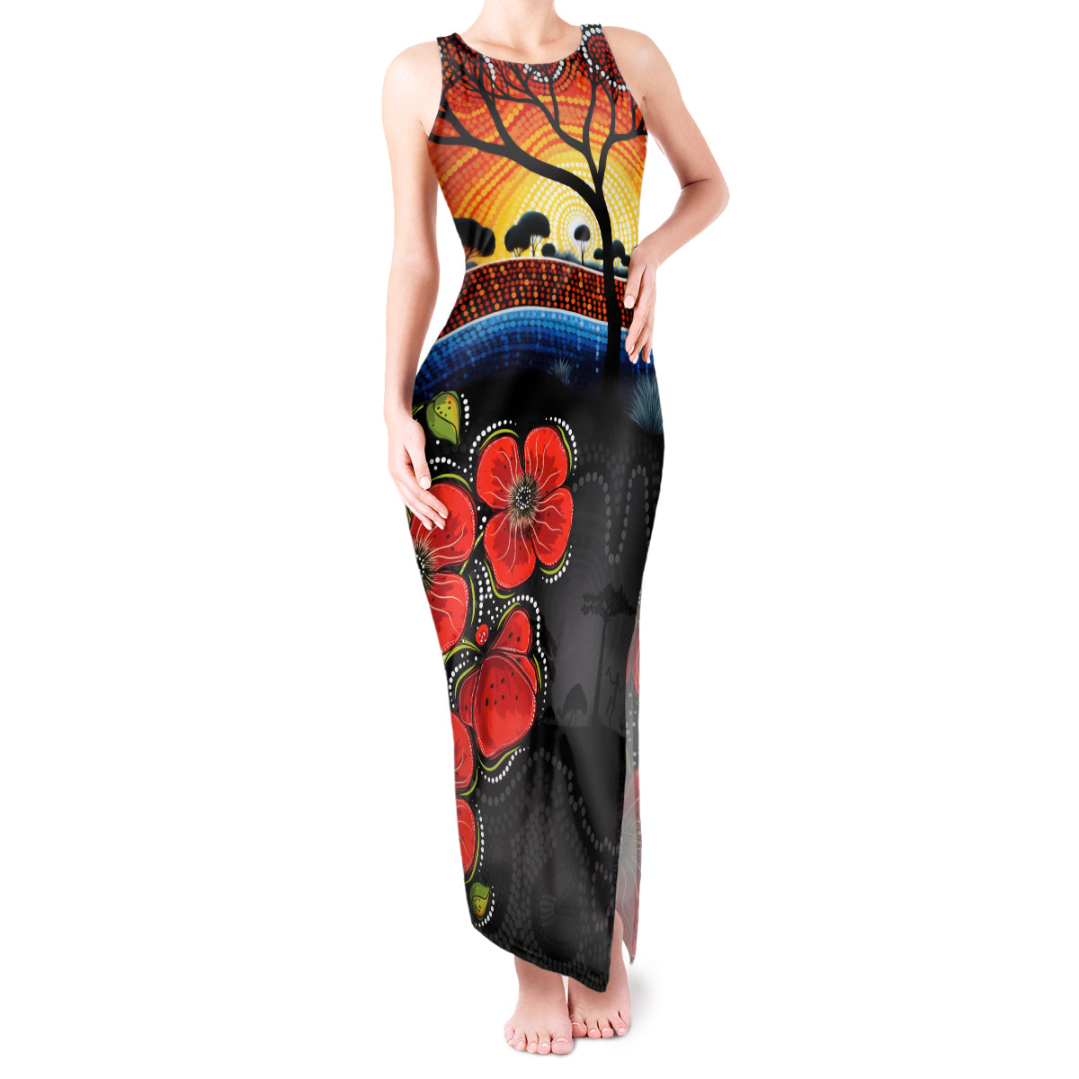 ANZAC Day Australia Poppy Flower Tank Maxi Dress Aboriginal Style