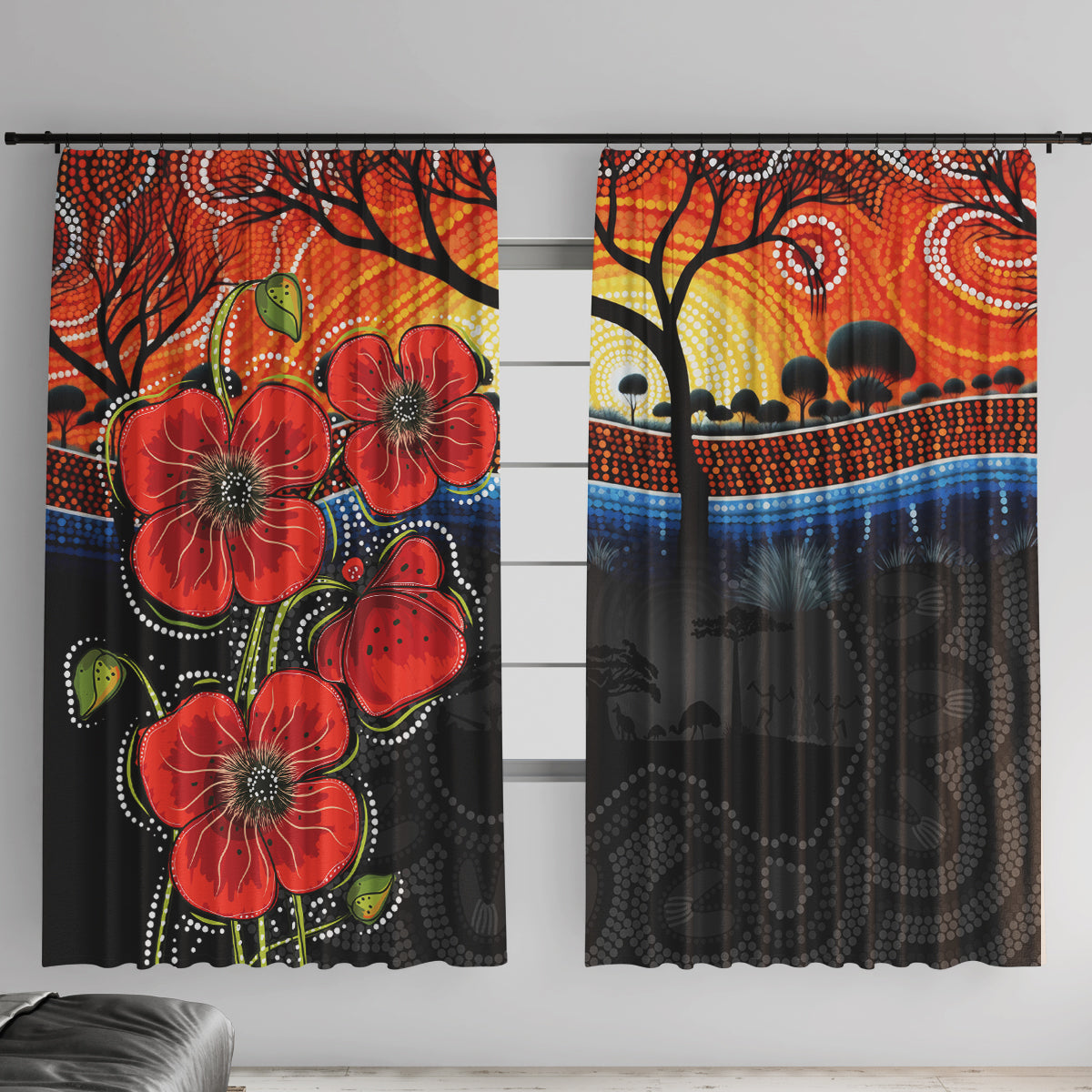 ANZAC Day Australia Poppy Flower Window Curtain Aboriginal Style