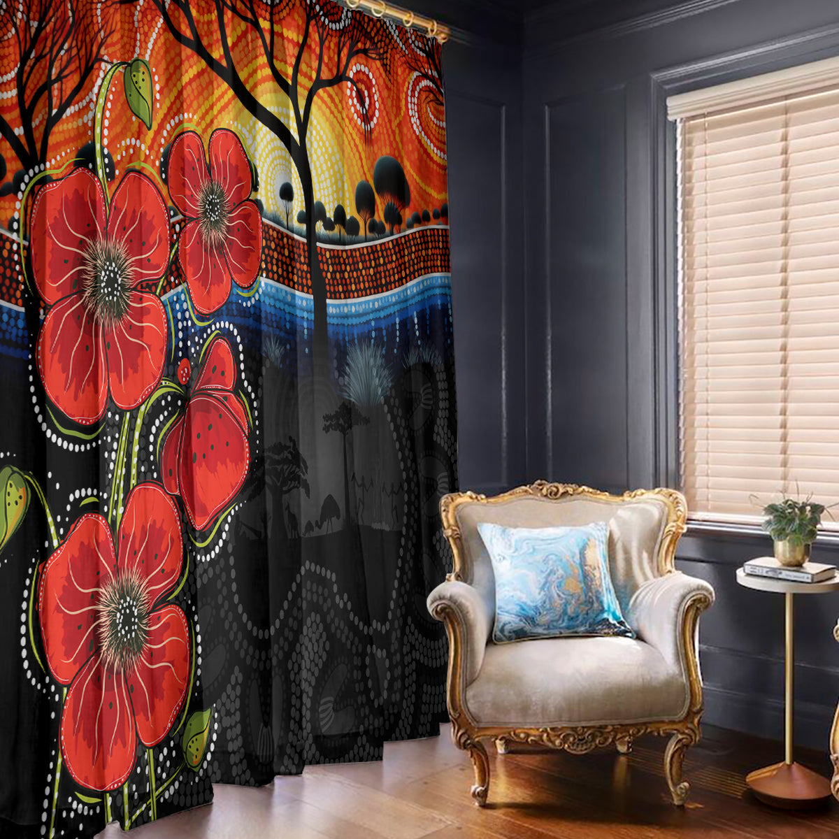 ANZAC Day Australia Poppy Flower Window Curtain Aboriginal Style