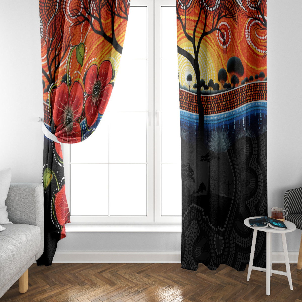 ANZAC Day Australia Poppy Flower Window Curtain Aboriginal Style