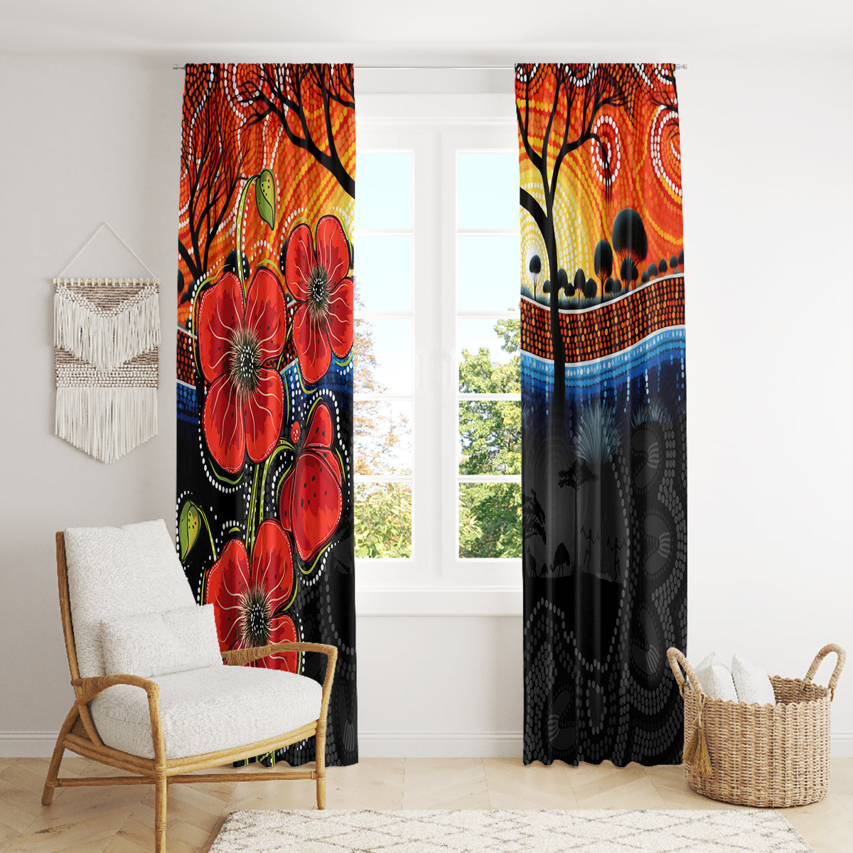 ANZAC Day Australia Poppy Flower Window Curtain Aboriginal Style