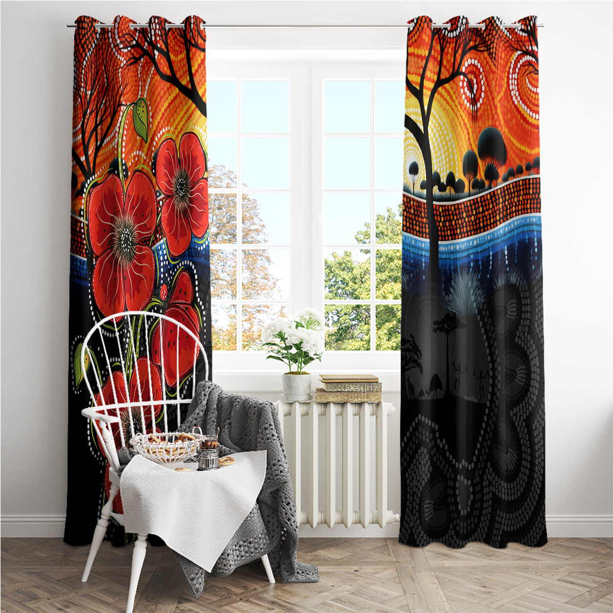 ANZAC Day Australia Poppy Flower Window Curtain Aboriginal Style