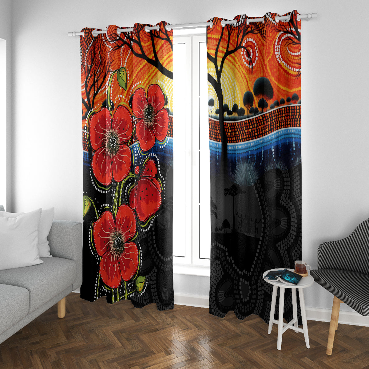 ANZAC Day Australia Poppy Flower Window Curtain Aboriginal Style