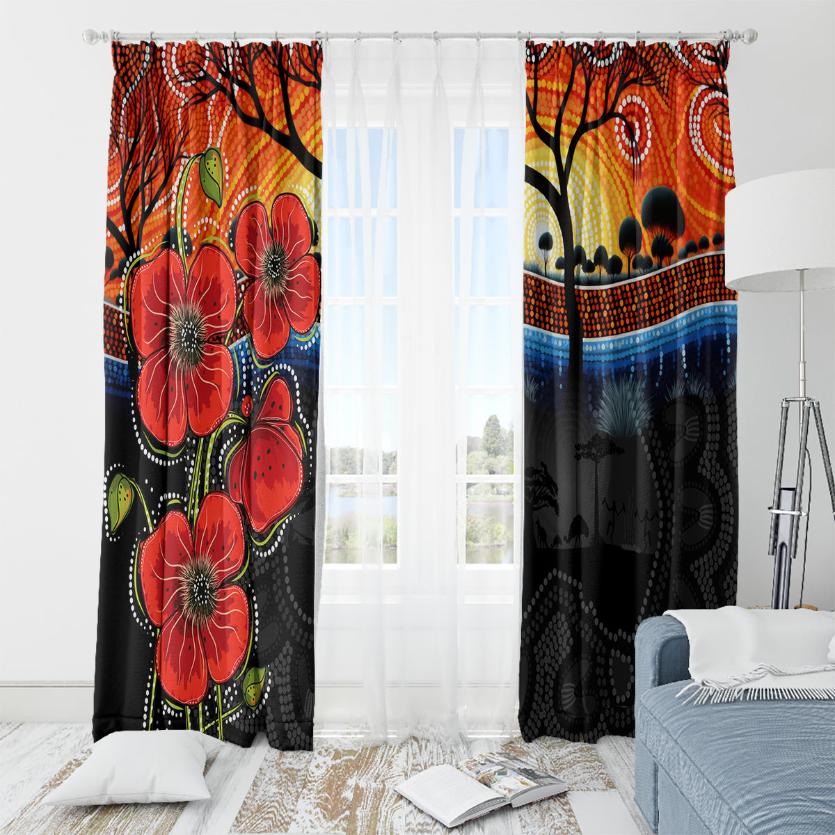 ANZAC Day Australia Poppy Flower Window Curtain Aboriginal Style