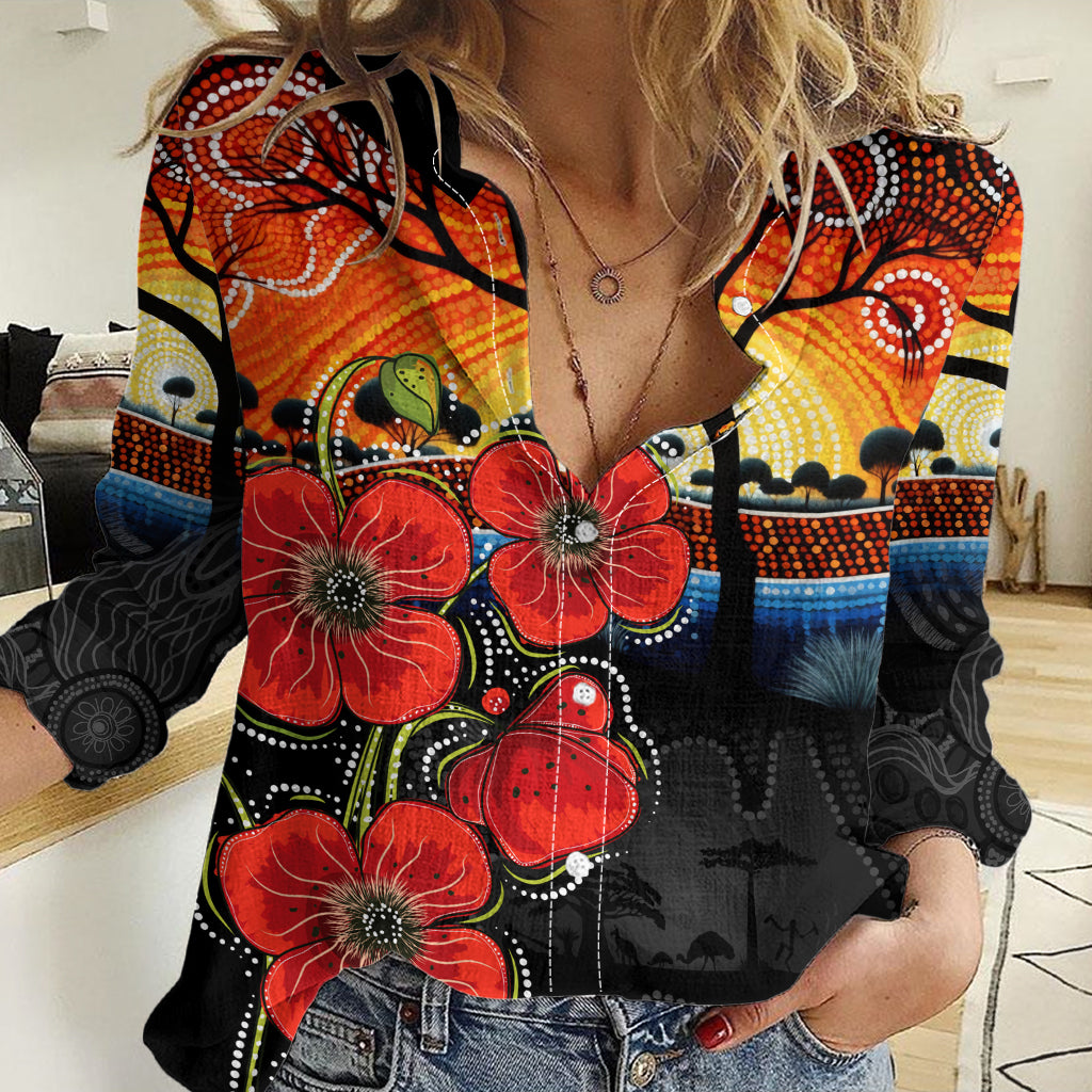 ANZAC Day Australia Poppy Flower Women Casual Shirt Aboriginal Style - Vibe Hoodie Shop
