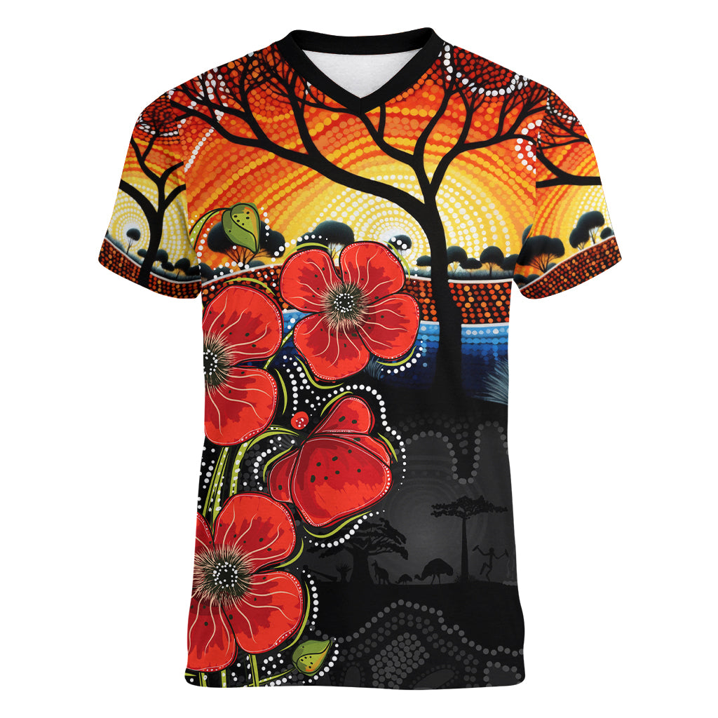 ANZAC Day Australia Poppy Flower Women V Neck T Shirt Aboriginal Style - Vibe Hoodie Shop