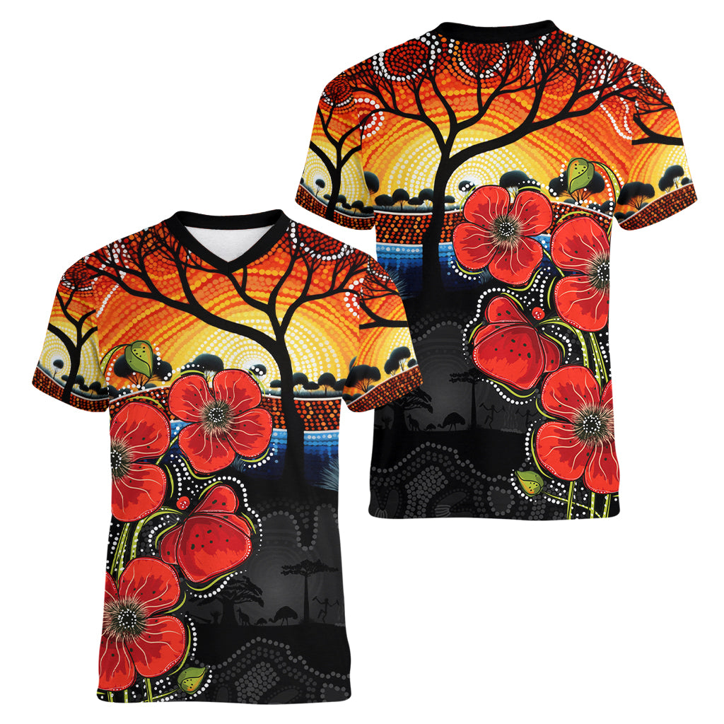 ANZAC Day Australia Poppy Flower Women V Neck T Shirt Aboriginal Style - Vibe Hoodie Shop