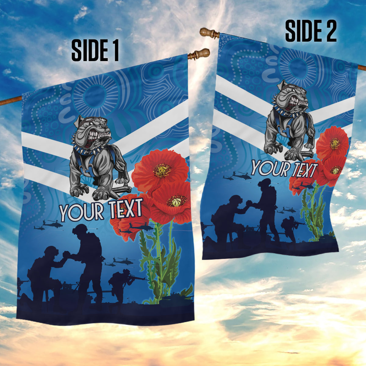 Custom Bulldogs Rugby ANZAC Garden Flag The Military Soldiers with Aboriginal Style - Vibe Hoodie Shop