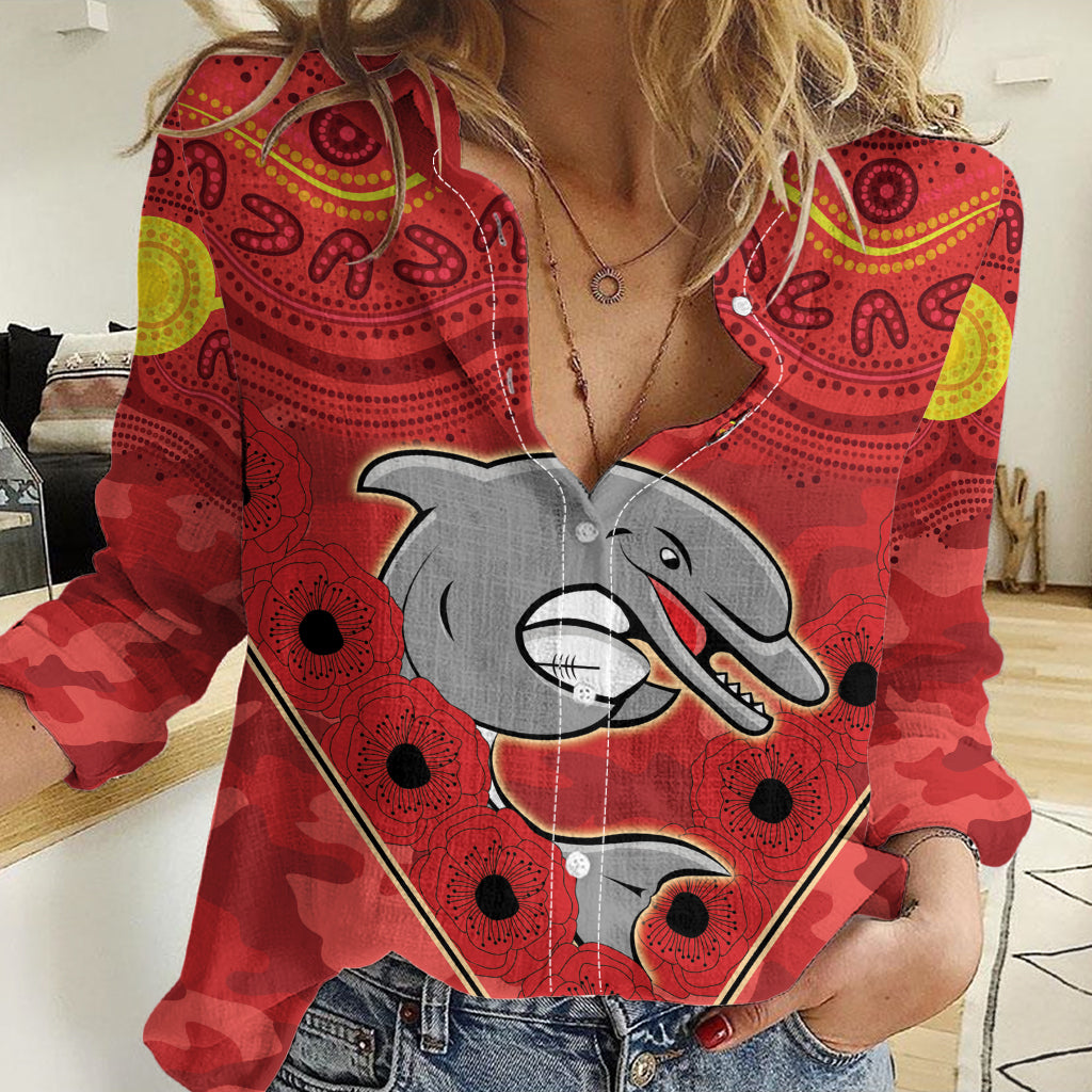 Custom Dolphins Rugby ANZAC Women Casual Shirt Aboriginal and Army Patterns - Vibe Hoodie Shop