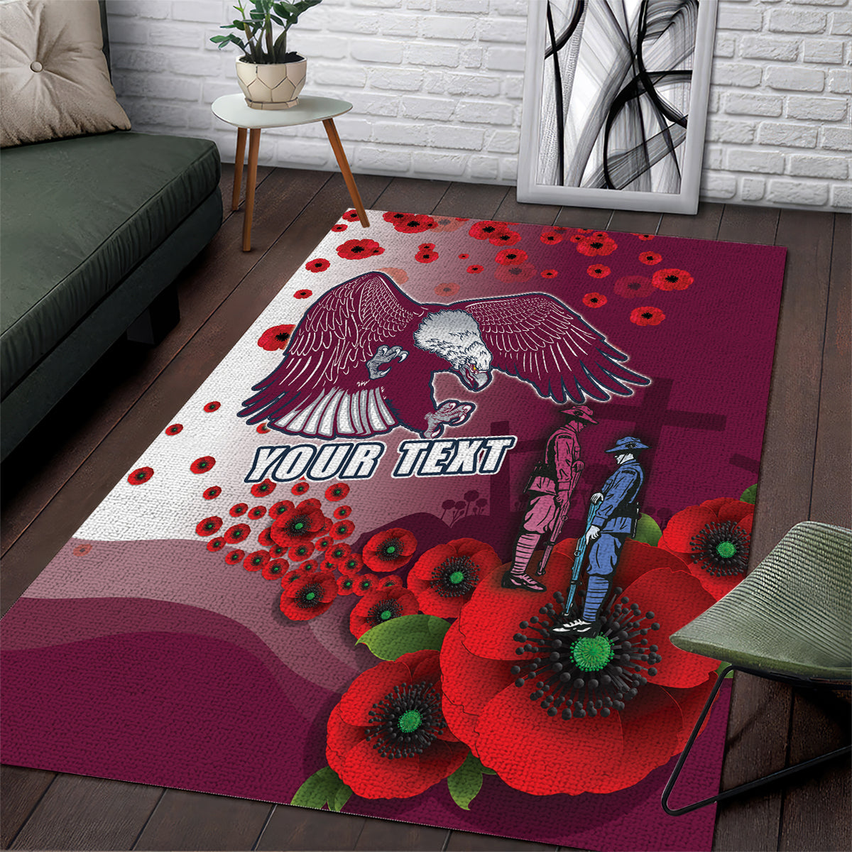 Custom Sea Eagle Rugby ANZAC Area Rug The Military Soldiers with Red Poppy - Vibe Hoodie Shop