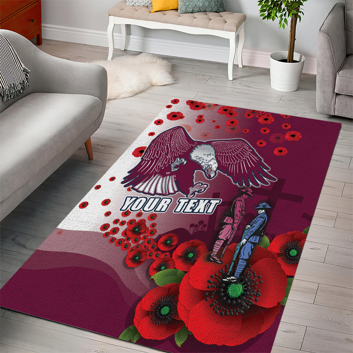 Custom Sea Eagle Rugby ANZAC Area Rug The Military Soldiers with Red Poppy - Vibe Hoodie Shop