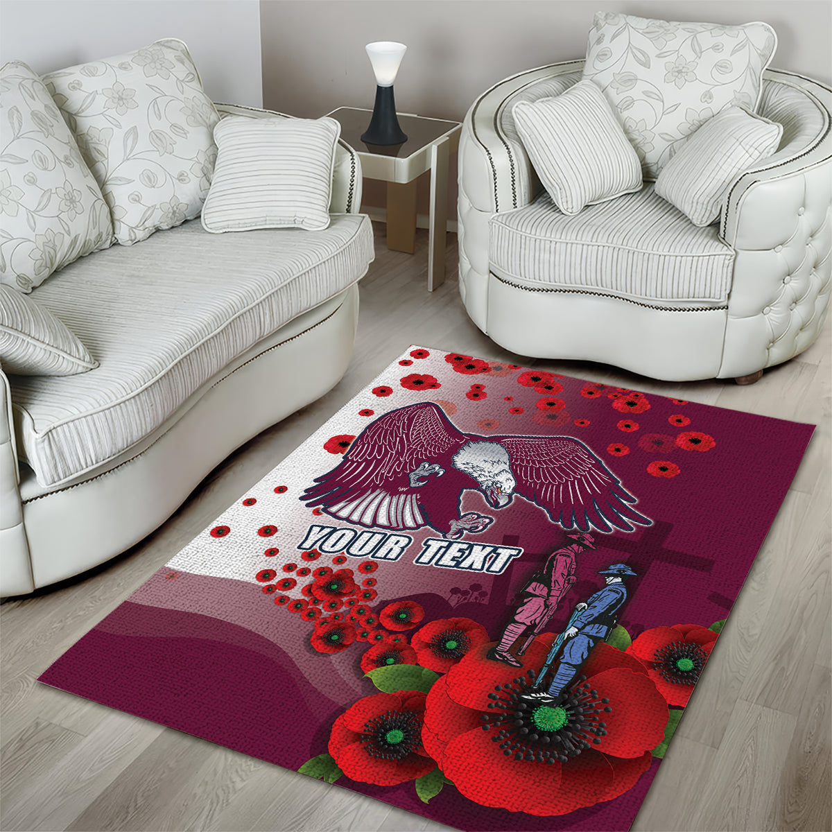 Custom Sea Eagle Rugby ANZAC Area Rug The Military Soldiers with Red Poppy - Vibe Hoodie Shop