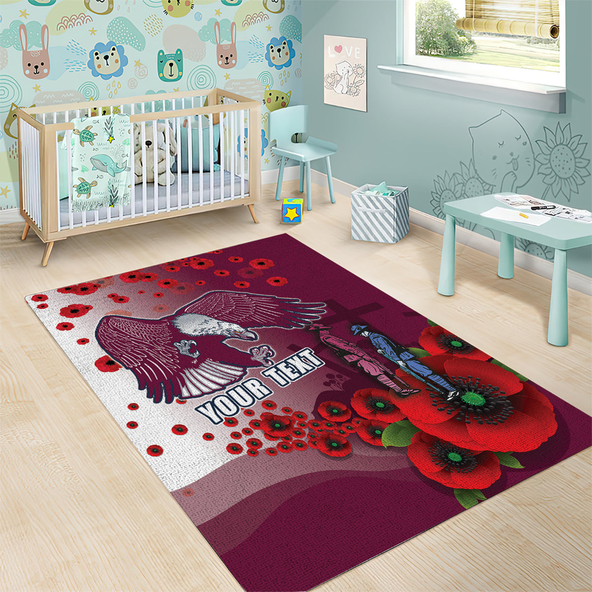 Custom Sea Eagle Rugby ANZAC Area Rug The Military Soldiers with Red Poppy - Vibe Hoodie Shop