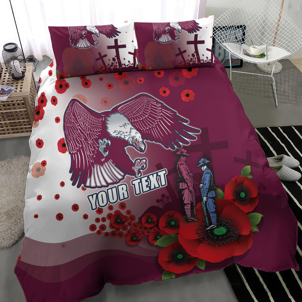 Custom Sea Eagle Rugby ANZAC Bedding Set The Military Soldiers with Red Poppy - Vibe Hoodie Shop