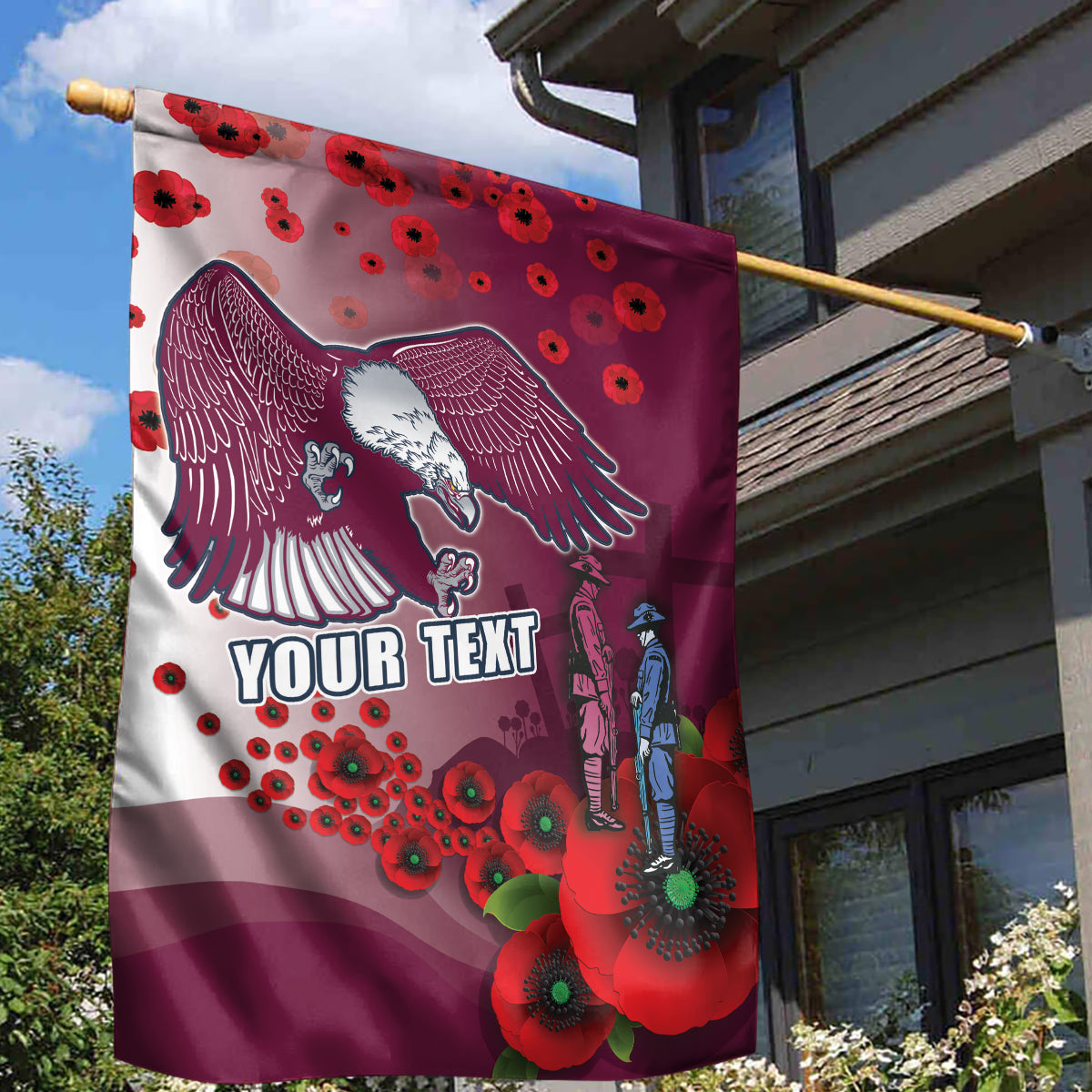 Custom Sea Eagle Rugby ANZAC Garden Flag The Military Soldiers with Red Poppy - Vibe Hoodie Shop