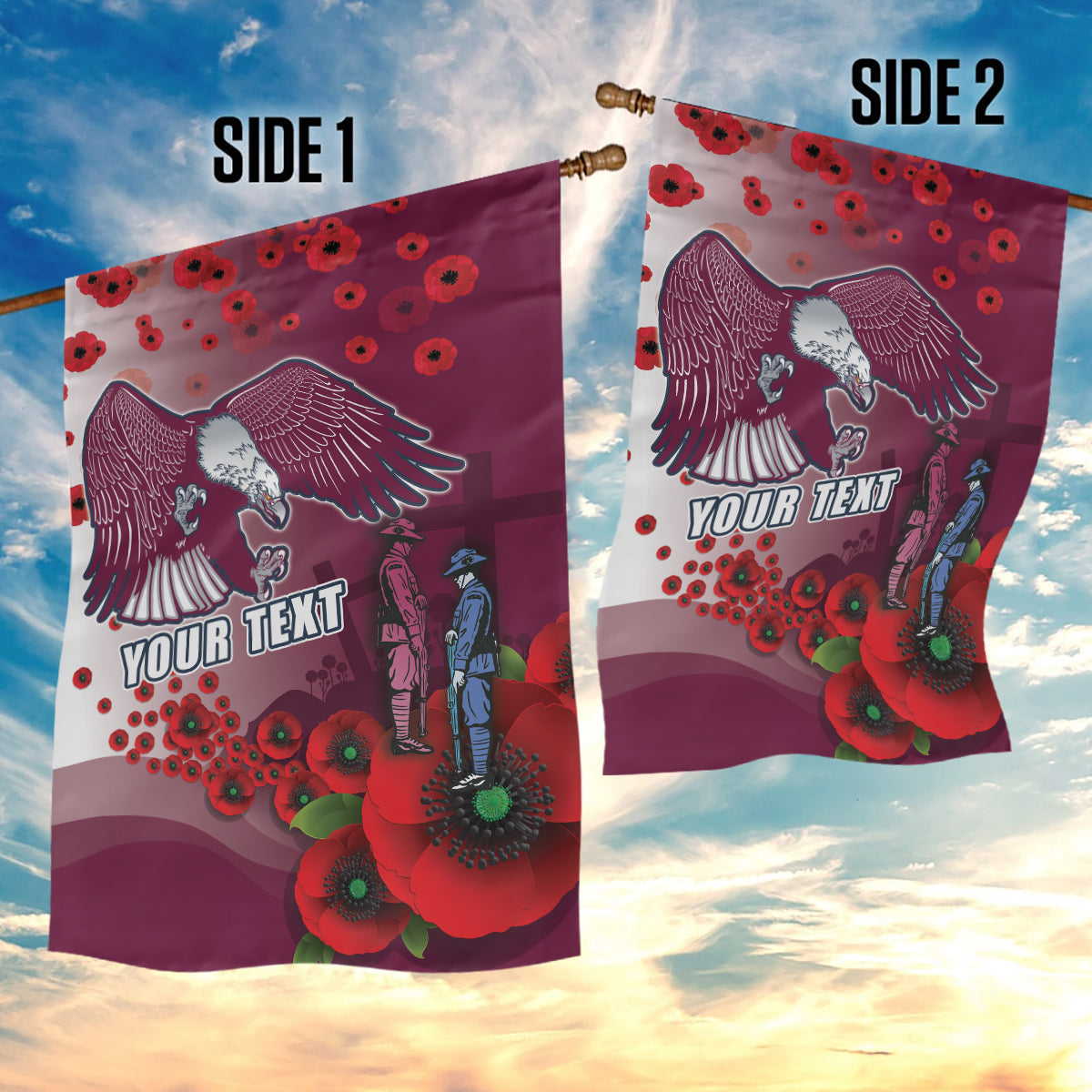 Custom Sea Eagle Rugby ANZAC Garden Flag The Military Soldiers with Red Poppy - Vibe Hoodie Shop