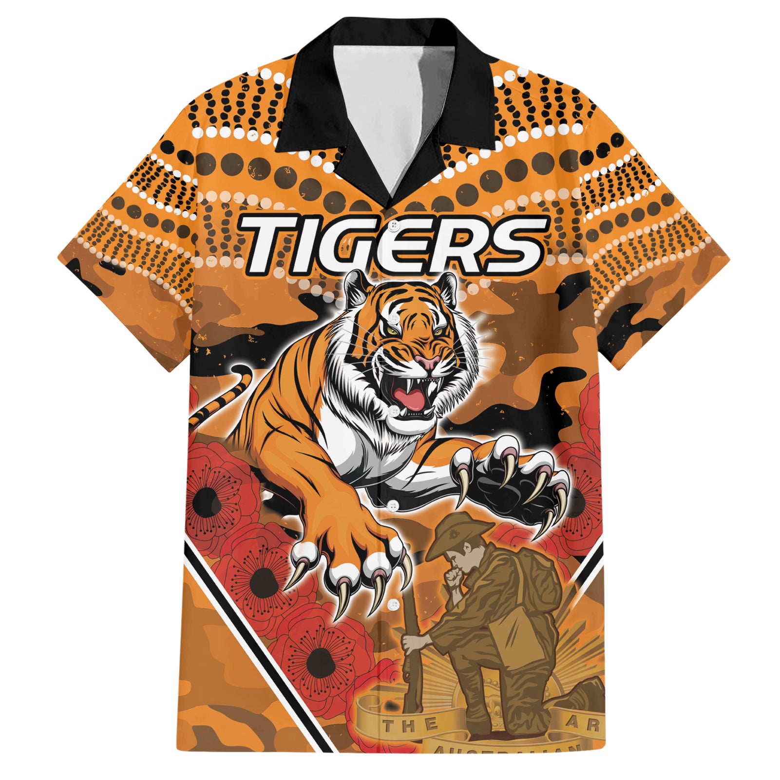 Custom Wests Tigers Rugby ANZAC Hawaiian Shirt Aboriginal and Army Patterns - Vibe Hoodie Shop