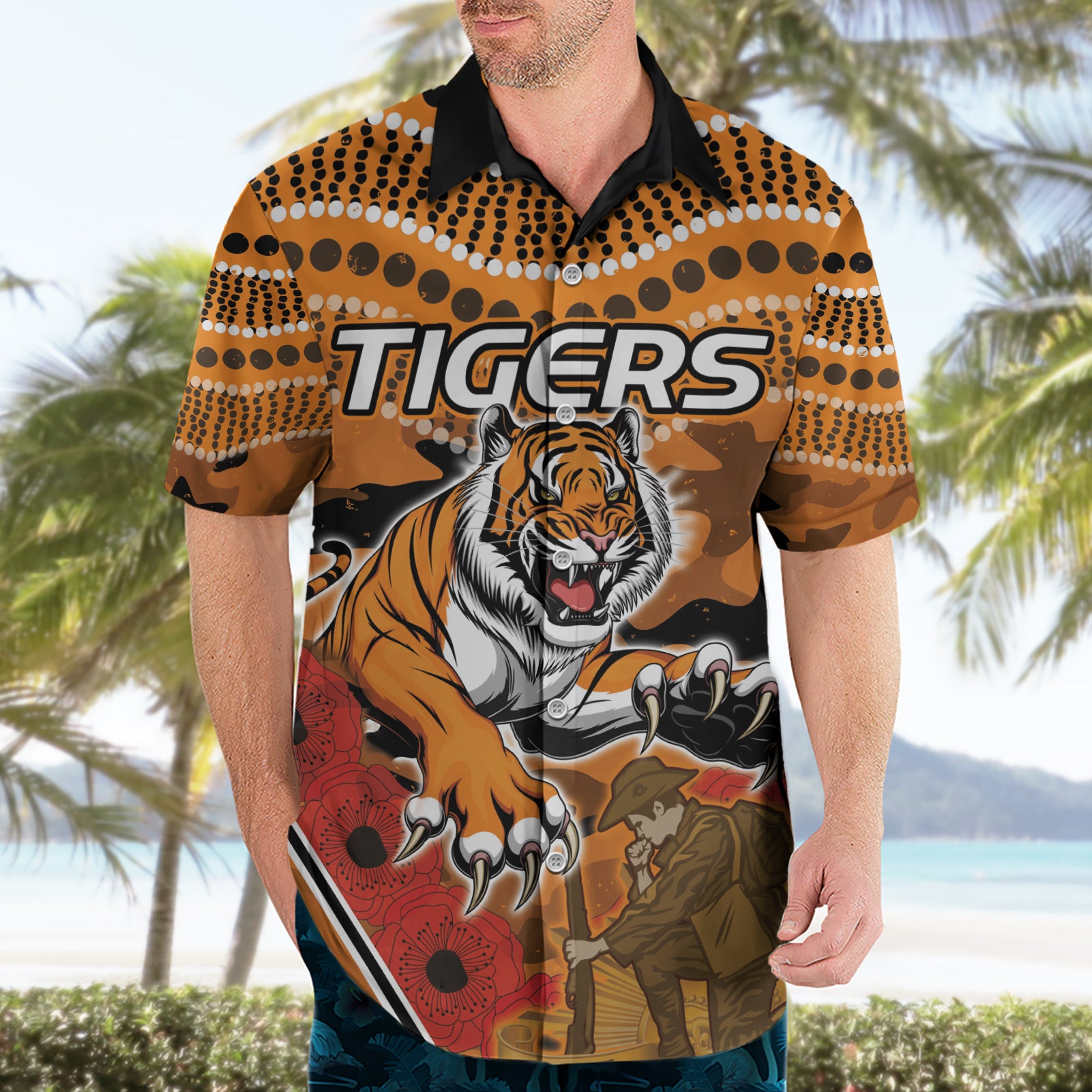 Custom Wests Tigers Rugby ANZAC Hawaiian Shirt Aboriginal and Army Patterns - Vibe Hoodie Shop