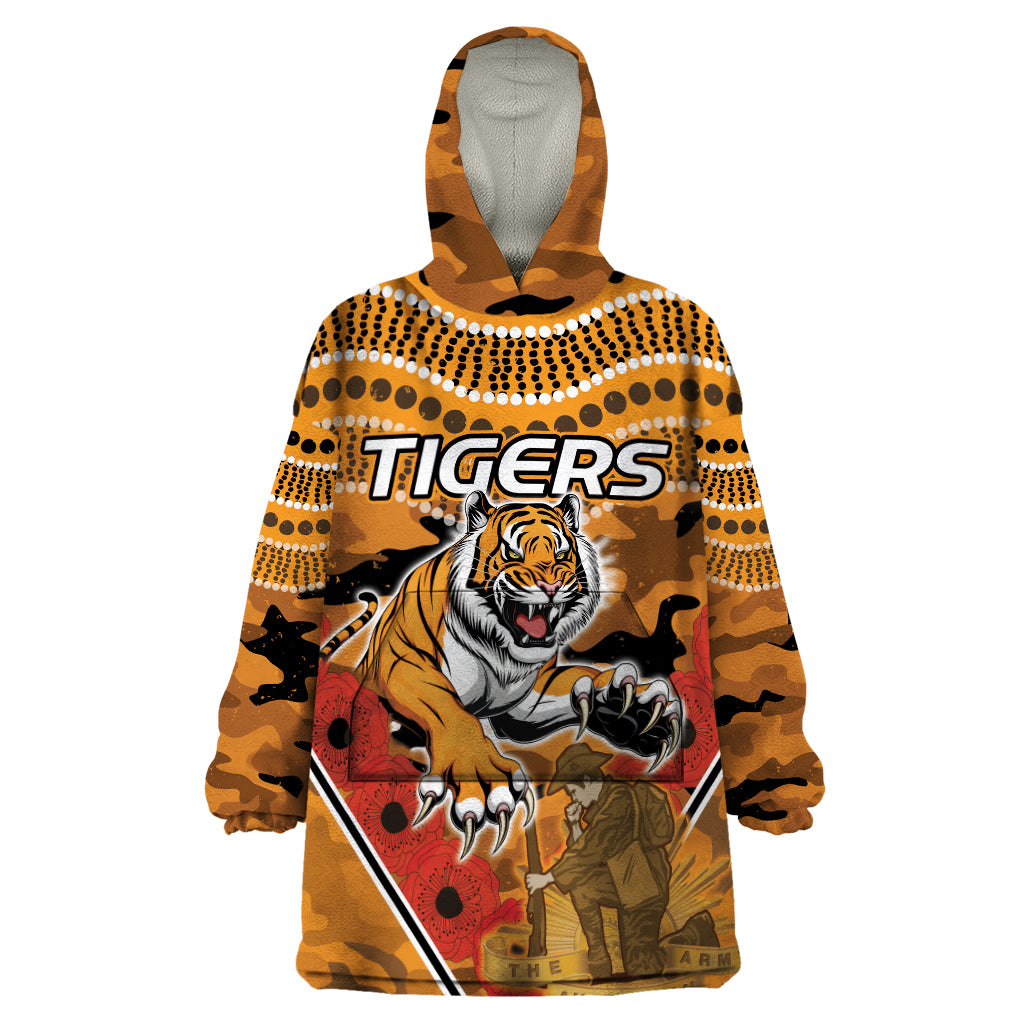 Custom Wests Tigers Rugby ANZAC Wearable Blanket Hoodie Aboriginal and Army Patterns - Vibe Hoodie Shop