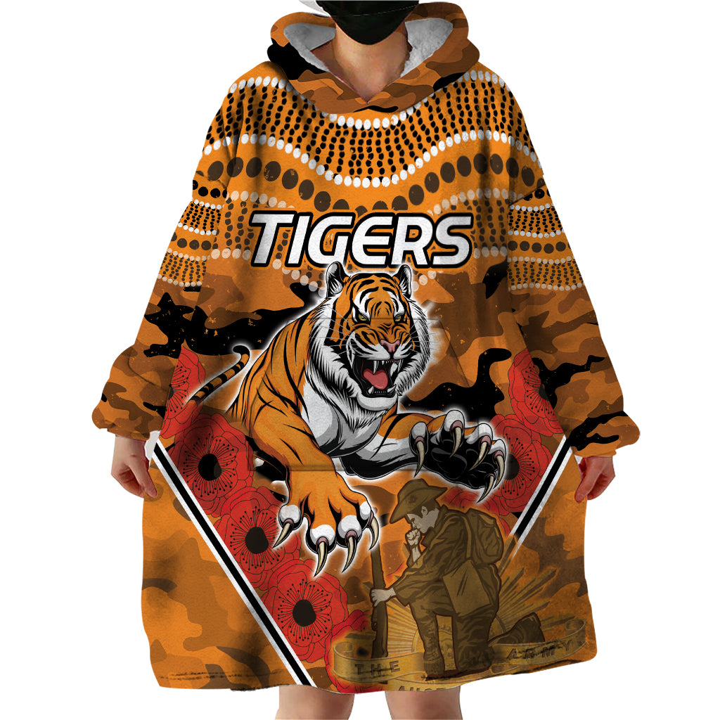 Custom Wests Tigers Rugby ANZAC Wearable Blanket Hoodie Aboriginal and Army Patterns - Vibe Hoodie Shop