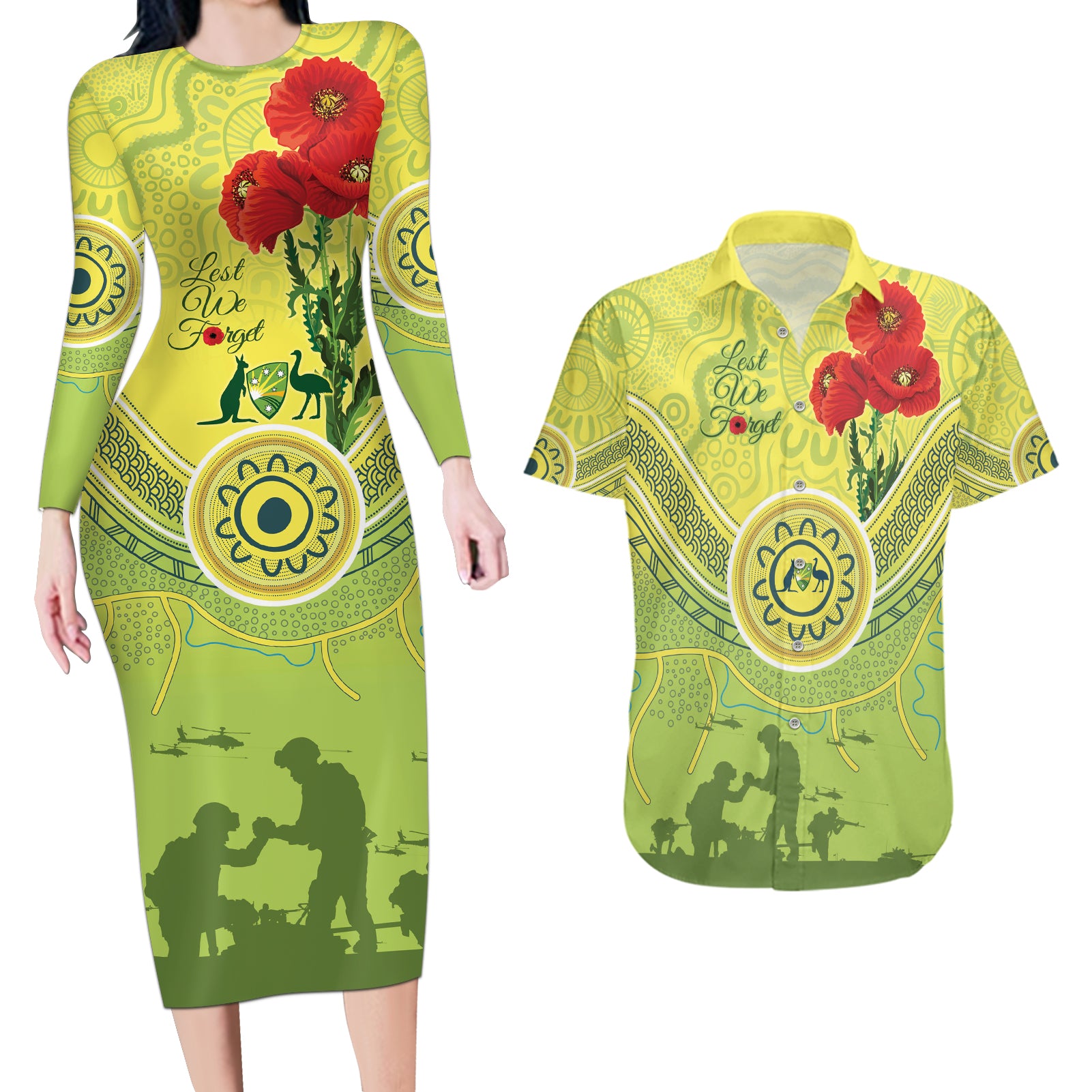 Custom Australia Cricket ANZAC Couples Matching Long Sleeve Bodycon Dress and Hawaiian Shirt The Military Soldiers with Aboriginal Style