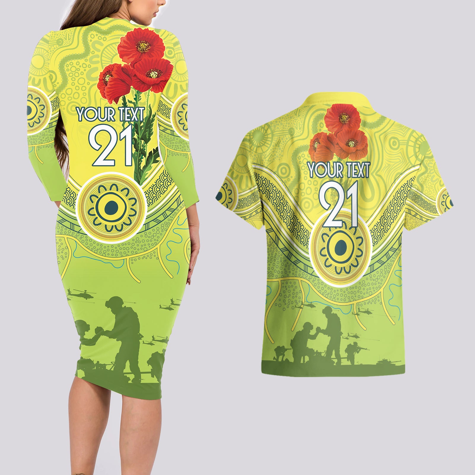 Custom Australia Cricket ANZAC Couples Matching Long Sleeve Bodycon Dress and Hawaiian Shirt The Military Soldiers with Aboriginal Style