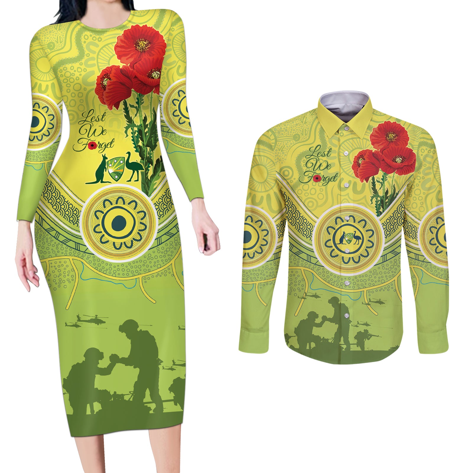 Custom Australia Cricket ANZAC Couples Matching Long Sleeve Bodycon Dress and Long Sleeve Button Shirt The Military Soldiers with Aboriginal Style