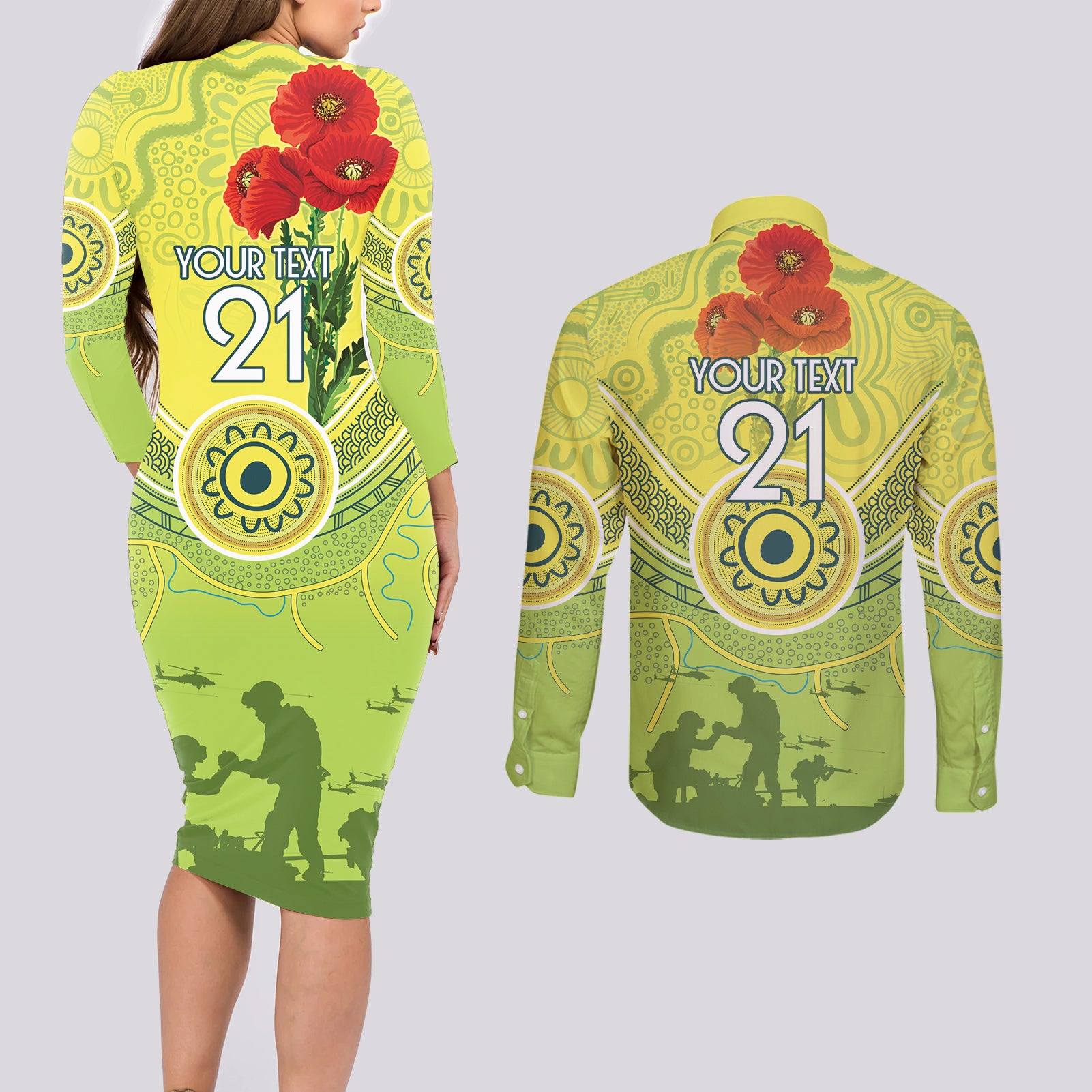 Custom Australia Cricket ANZAC Couples Matching Long Sleeve Bodycon Dress and Long Sleeve Button Shirt The Military Soldiers with Aboriginal Style