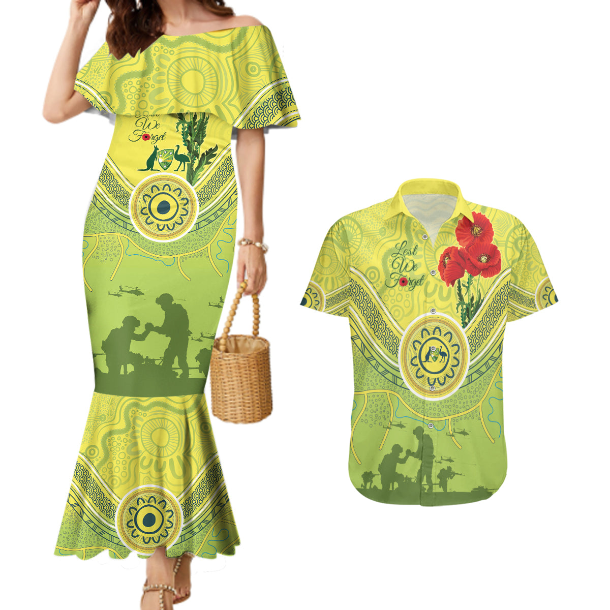 Custom Australia Cricket ANZAC Couples Matching Mermaid Dress and Hawaiian Shirt The Military Soldiers with Aboriginal Style