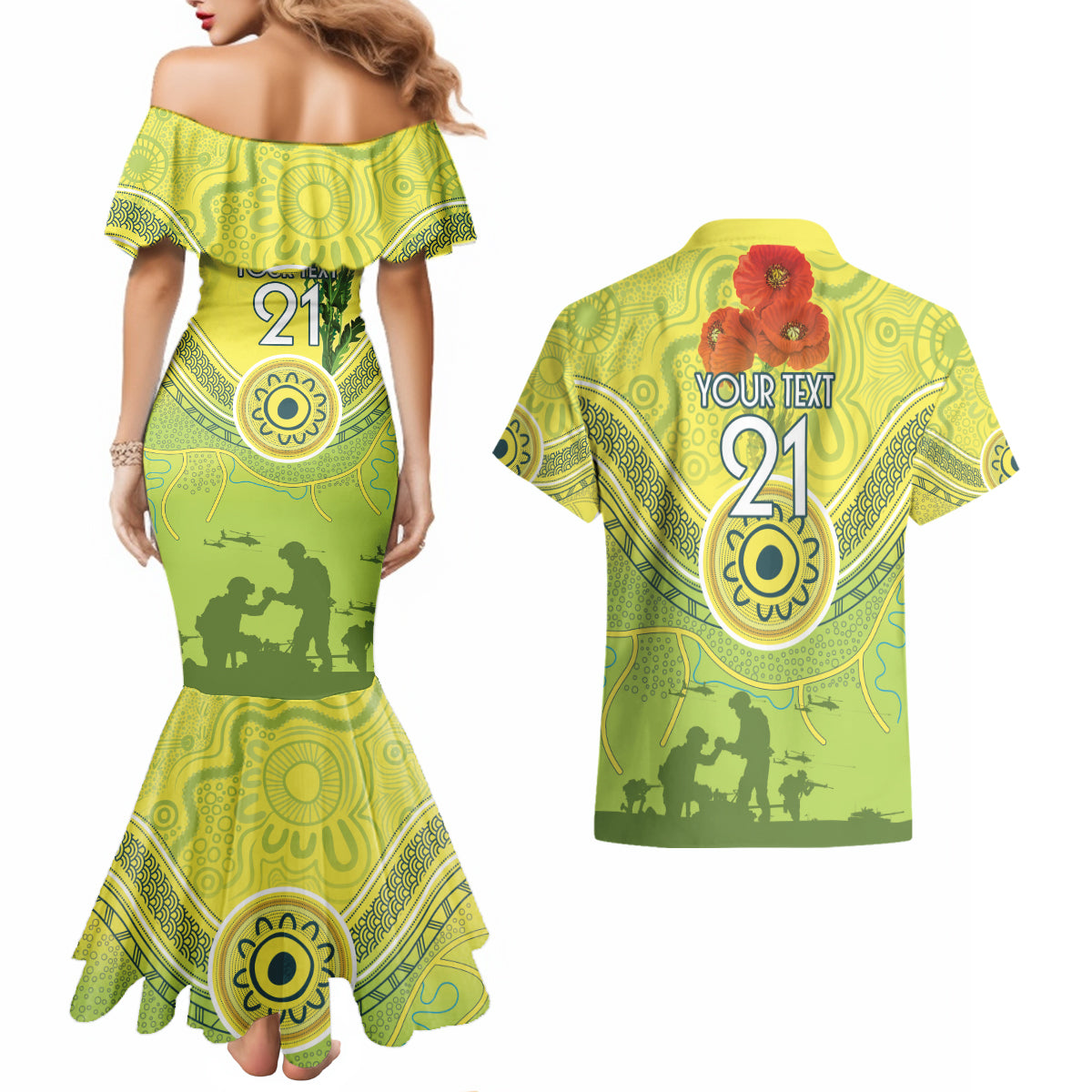 Custom Australia Cricket ANZAC Couples Matching Mermaid Dress and Hawaiian Shirt The Military Soldiers with Aboriginal Style