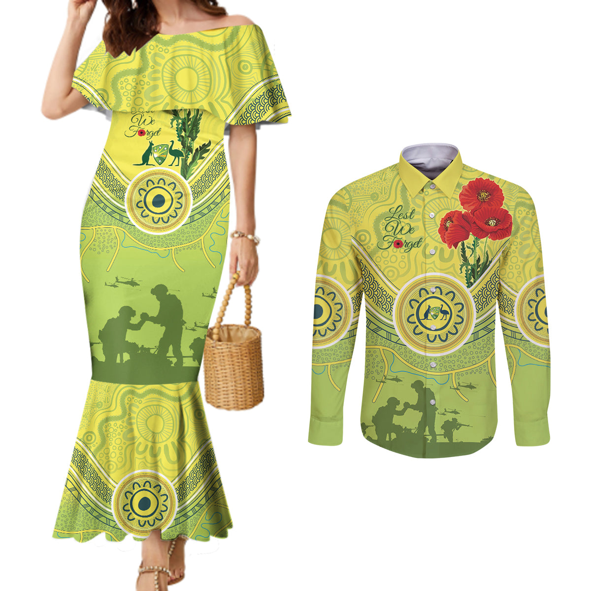 Custom Australia Cricket ANZAC Couples Matching Mermaid Dress and Long Sleeve Button Shirt The Military Soldiers with Aboriginal Style