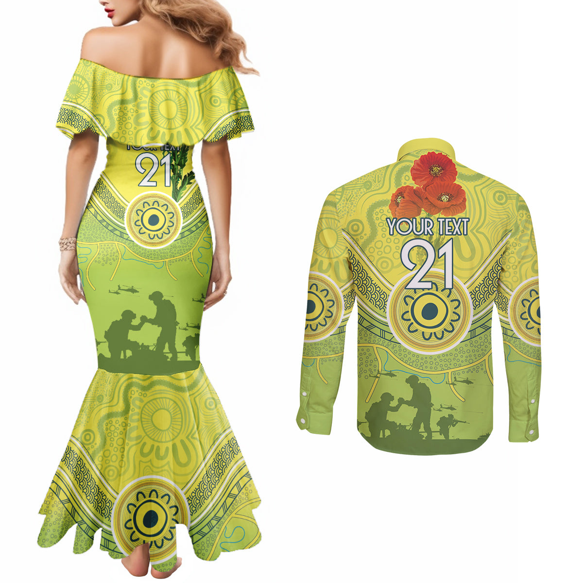 Custom Australia Cricket ANZAC Couples Matching Mermaid Dress and Long Sleeve Button Shirt The Military Soldiers with Aboriginal Style