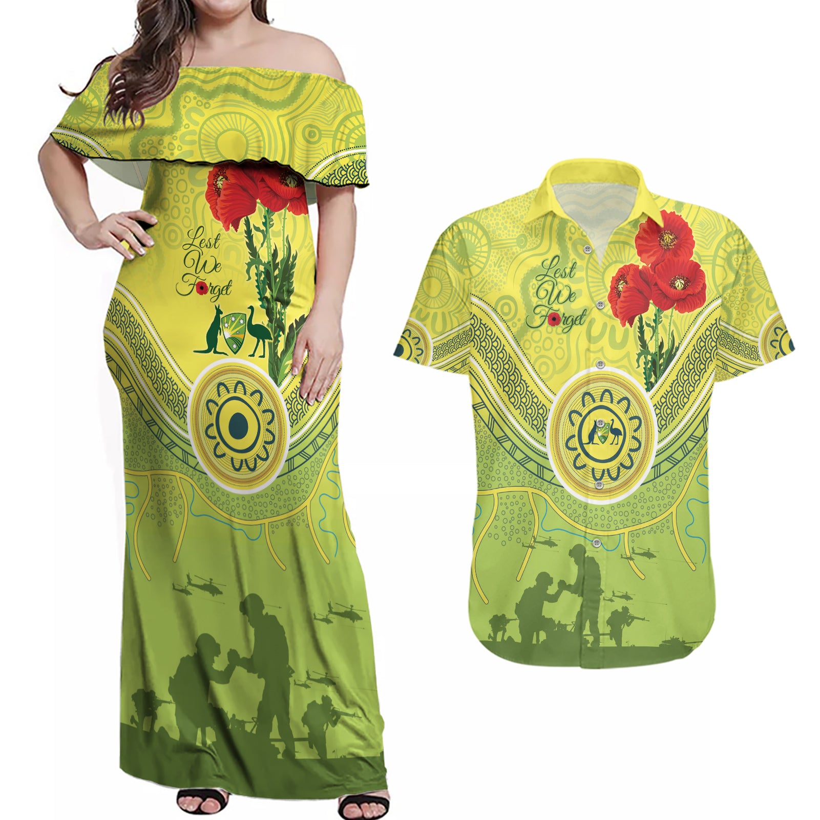 Custom Australia Cricket ANZAC Couples Matching Off Shoulder Maxi Dress and Hawaiian Shirt The Military Soldiers with Aboriginal Style