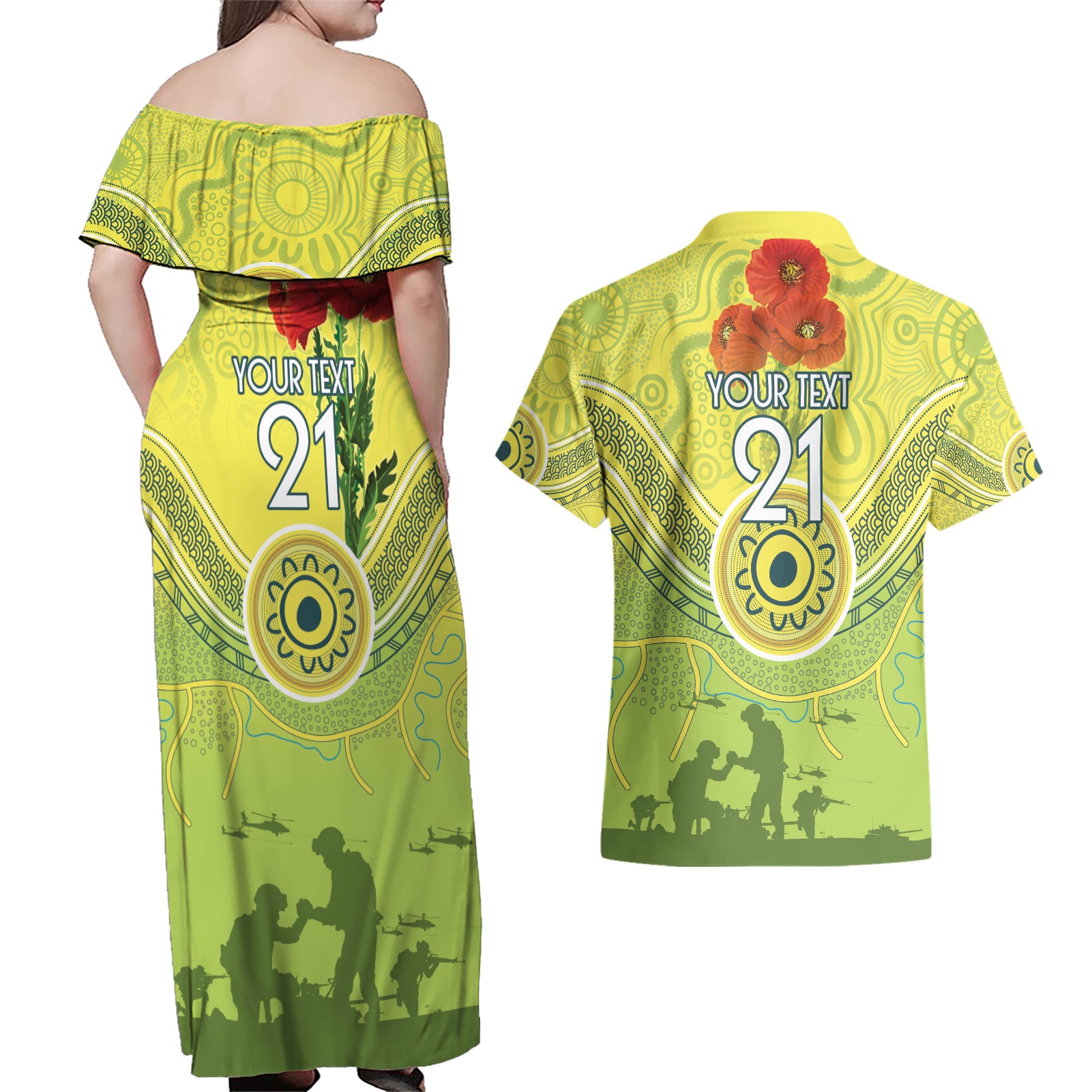 Custom Australia Cricket ANZAC Couples Matching Off Shoulder Maxi Dress and Hawaiian Shirt The Military Soldiers with Aboriginal Style