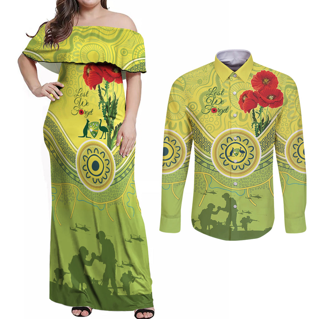 Custom Australia Cricket ANZAC Couples Matching Off Shoulder Maxi Dress and Long Sleeve Button Shirt The Military Soldiers with Aboriginal Style