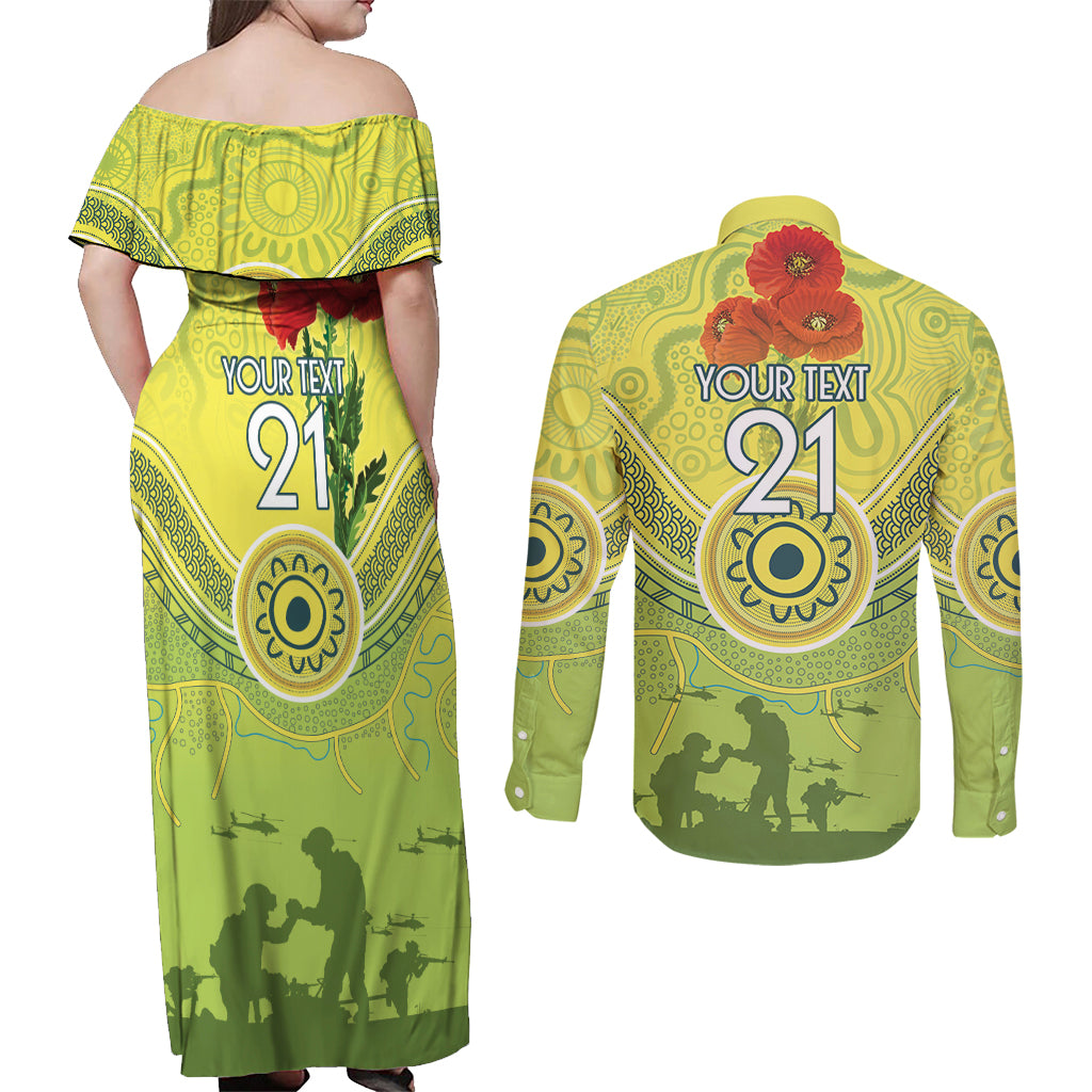 Custom Australia Cricket ANZAC Couples Matching Off Shoulder Maxi Dress and Long Sleeve Button Shirt The Military Soldiers with Aboriginal Style