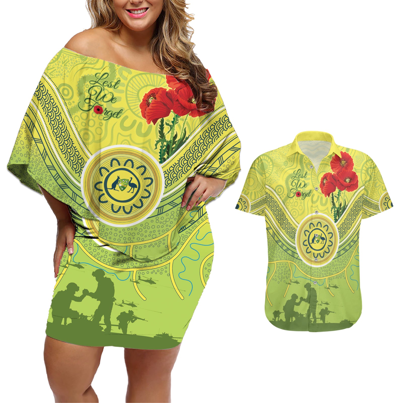 Custom Australia Cricket ANZAC Couples Matching Off Shoulder Short Dress and Hawaiian Shirt The Military Soldiers with Aboriginal Style