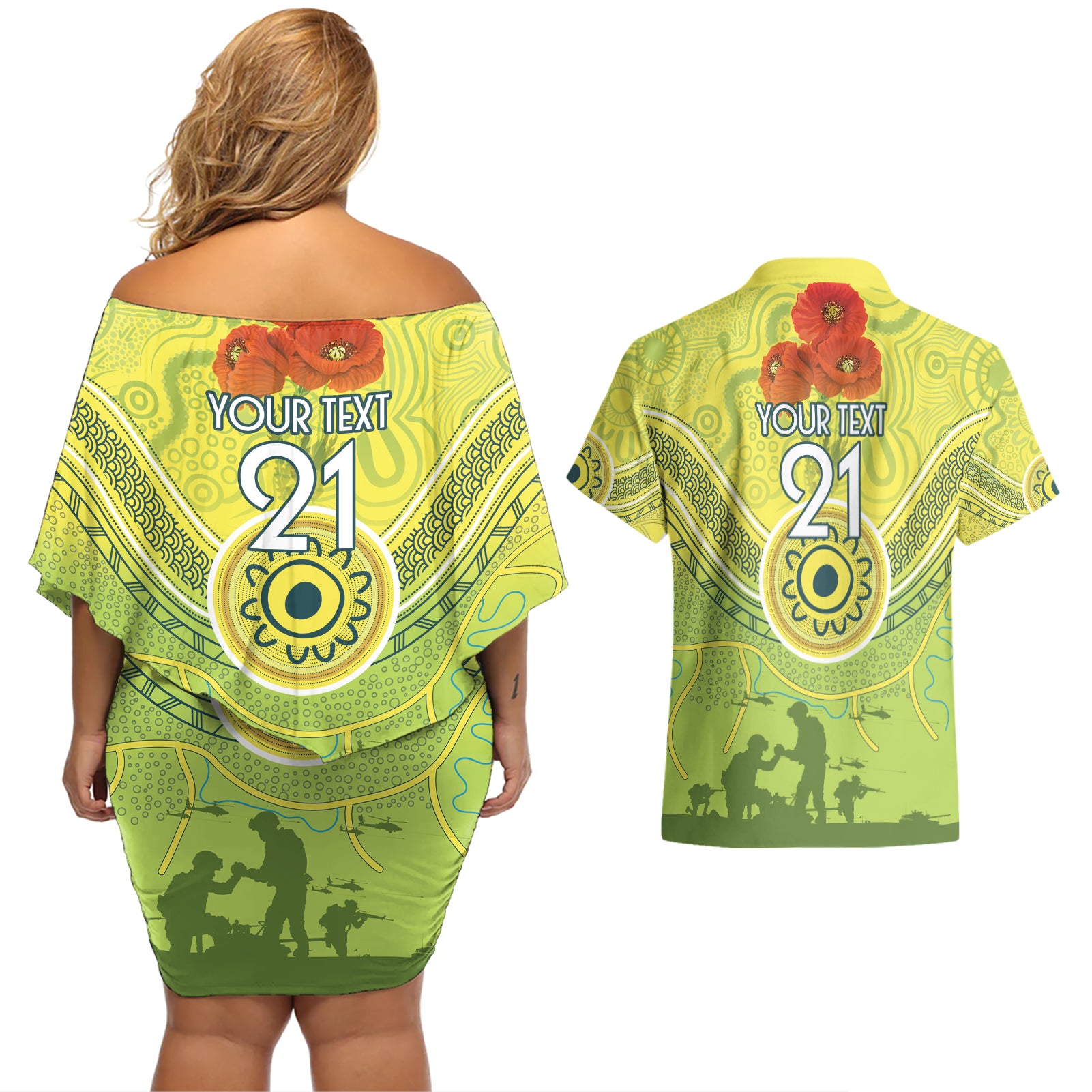 Custom Australia Cricket ANZAC Couples Matching Off Shoulder Short Dress and Hawaiian Shirt The Military Soldiers with Aboriginal Style