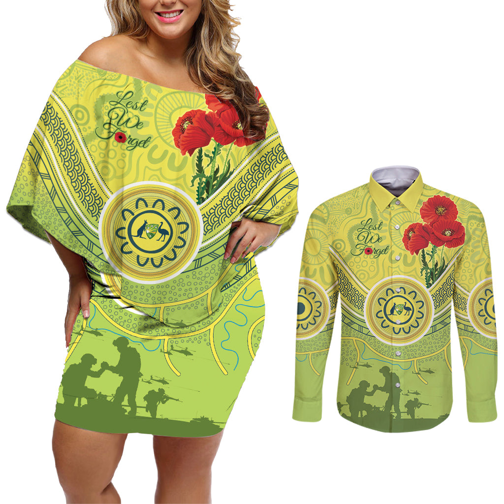 Custom Australia Cricket ANZAC Couples Matching Off Shoulder Short Dress and Long Sleeve Button Shirt The Military Soldiers with Aboriginal Style