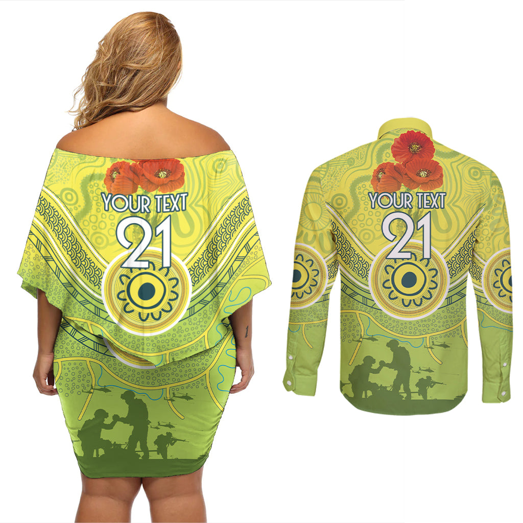 Custom Australia Cricket ANZAC Couples Matching Off Shoulder Short Dress and Long Sleeve Button Shirt The Military Soldiers with Aboriginal Style