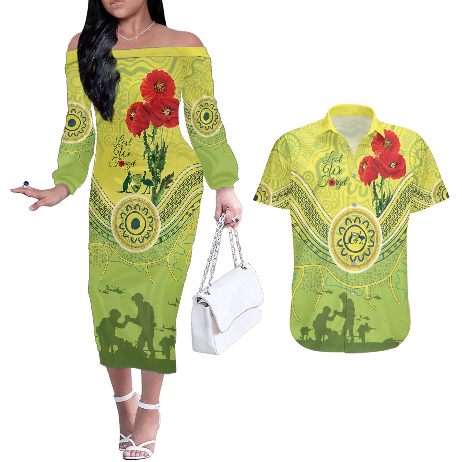Custom Australia Cricket ANZAC Couples Matching Off The Shoulder Long Sleeve Dress and Hawaiian Shirt The Military Soldiers with Aboriginal Style
