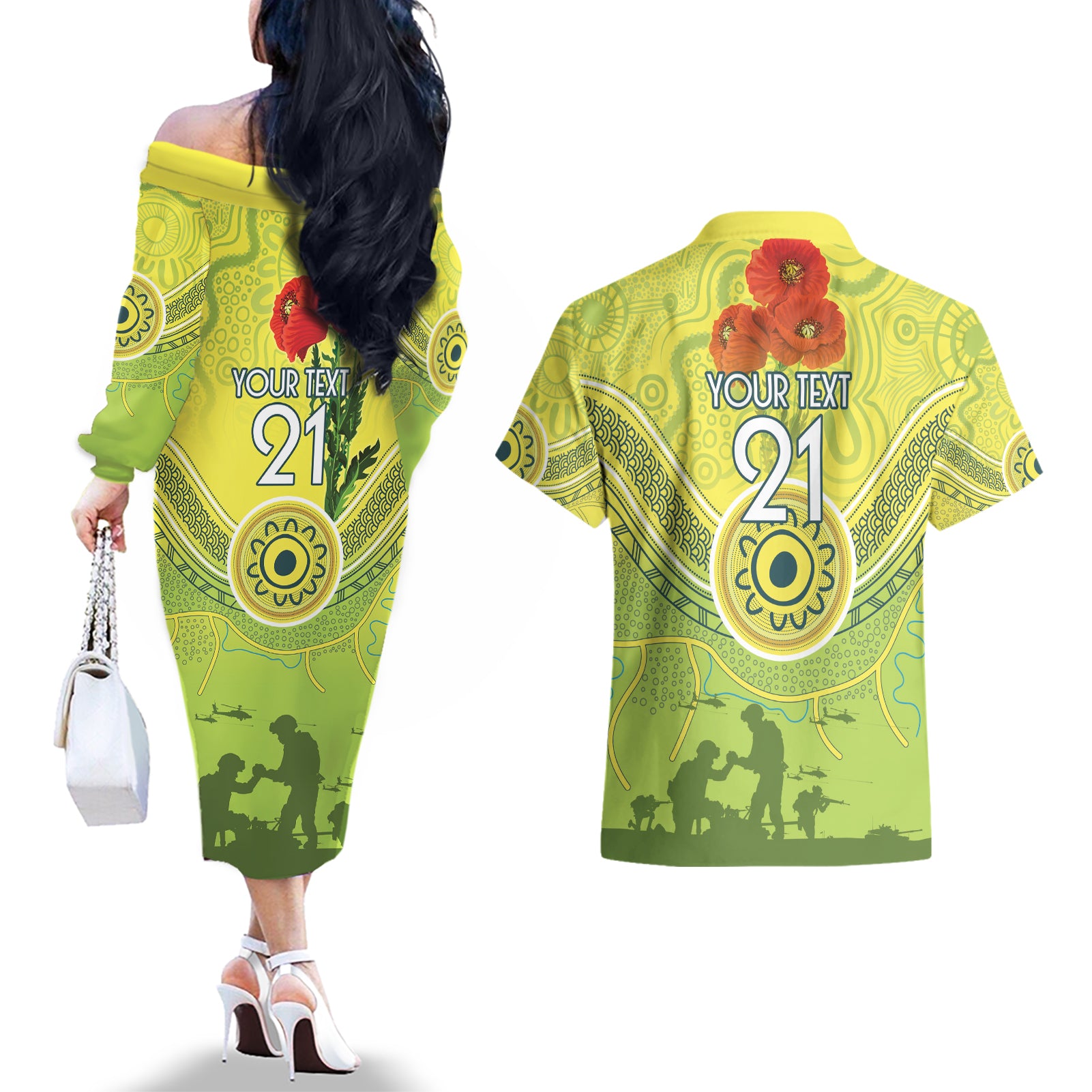 Custom Australia Cricket ANZAC Couples Matching Off The Shoulder Long Sleeve Dress and Hawaiian Shirt The Military Soldiers with Aboriginal Style