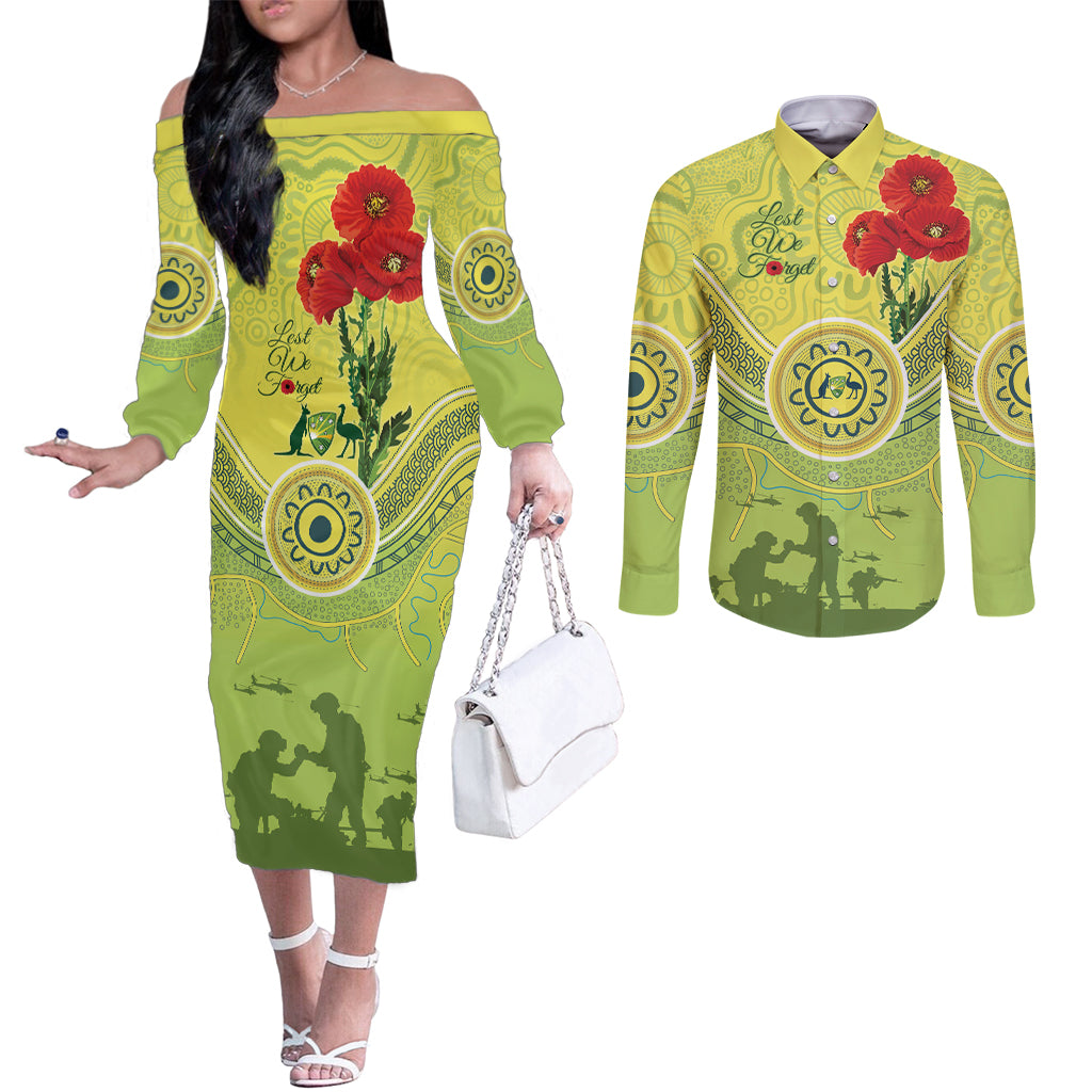 Custom Australia Cricket ANZAC Couples Matching Off The Shoulder Long Sleeve Dress and Long Sleeve Button Shirt The Military Soldiers with Aboriginal Style
