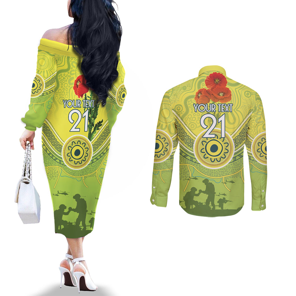 Custom Australia Cricket ANZAC Couples Matching Off The Shoulder Long Sleeve Dress and Long Sleeve Button Shirt The Military Soldiers with Aboriginal Style