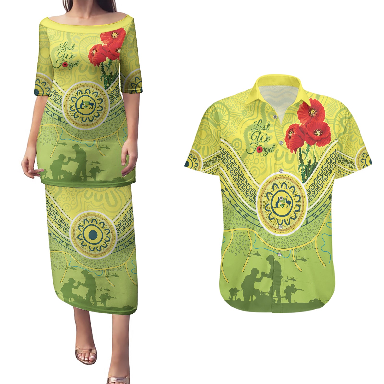 Custom Australia Cricket ANZAC Couples Matching Puletasi and Hawaiian Shirt The Military Soldiers with Aboriginal Style