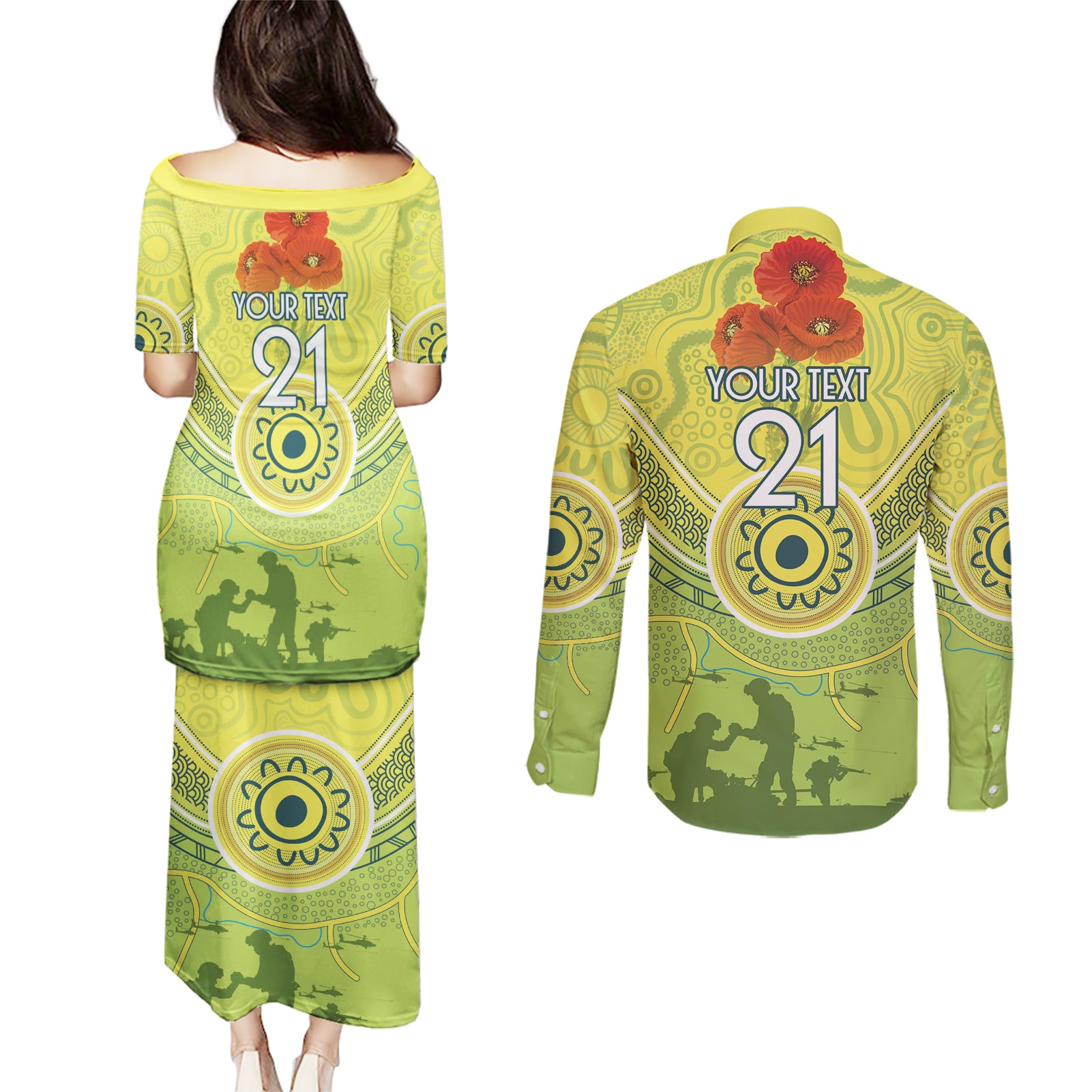 Custom Australia Cricket ANZAC Couples Matching Puletasi and Long Sleeve Button Shirt The Military Soldiers with Aboriginal Style