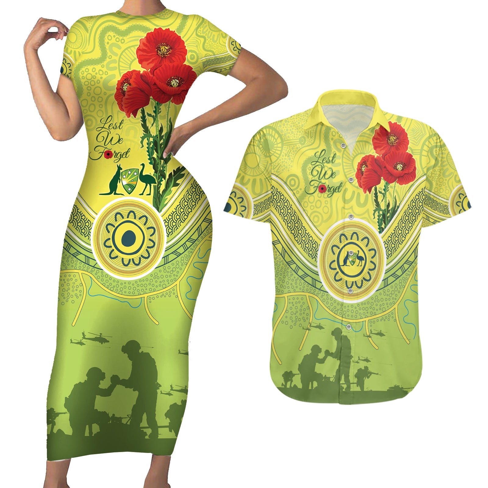 Custom Australia Cricket ANZAC Couples Matching Short Sleeve Bodycon Dress and Hawaiian Shirt The Military Soldiers with Aboriginal Style