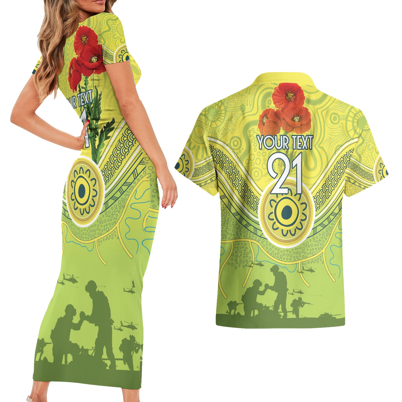 Custom Australia Cricket ANZAC Couples Matching Short Sleeve Bodycon Dress and Hawaiian Shirt The Military Soldiers with Aboriginal Style