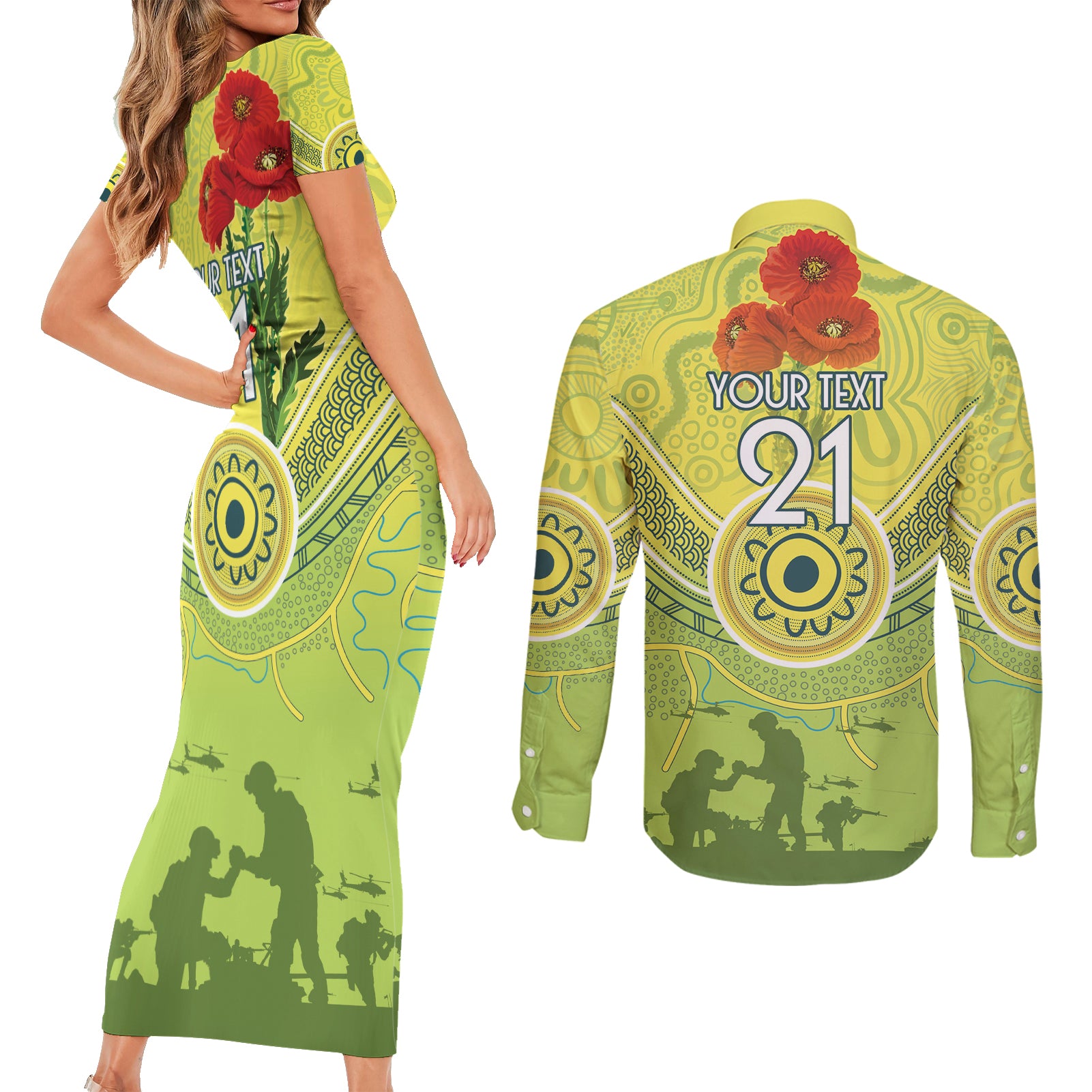 Custom Australia Cricket ANZAC Couples Matching Short Sleeve Bodycon Dress and Long Sleeve Button Shirt The Military Soldiers with Aboriginal Style